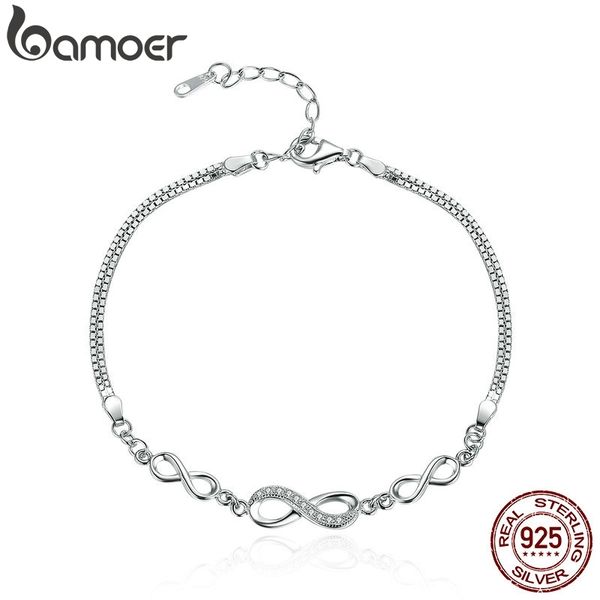 

bamoer authentic 925 sterling silver endless love infinity chain link adjustable women bracelet luxury silver jewelry scb037, Golden;silver