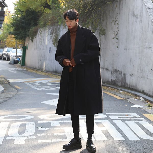 

2019 overcoat long design wool coat woolen outerwear male loose wool coat male brief, Black