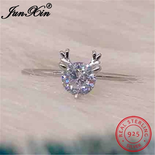 

junxin girl cute deer ring 925 sterling silver open rings for women round white crystal stone wedding ring female christmas gift, Slivery;golden