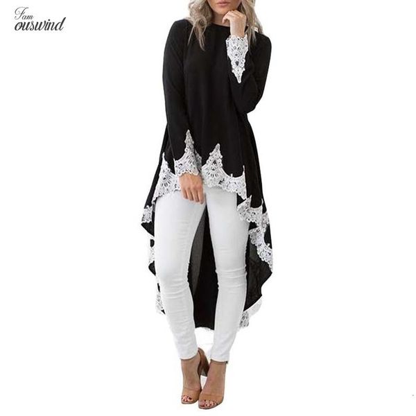 

high women low high blouse long sleeve lace blouse loose elegant long tunic plus size lady patchwork clothes, White