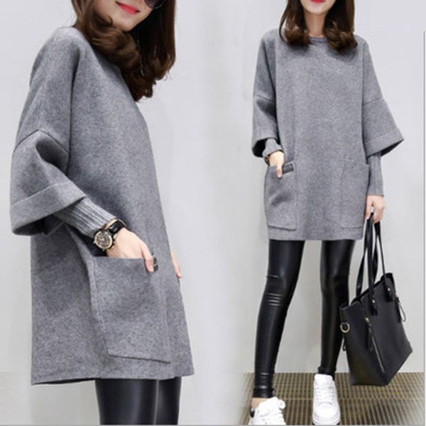 

2019 lady long sweatshirts women solid hooded o-neck three quarter sleeve drop-shoulder loose casual sweatshirts pockets, Black