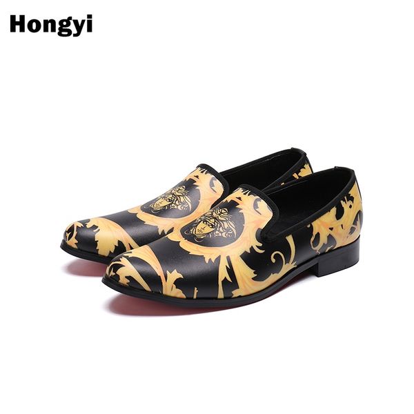 

handmade fashion man's shoes slip-on spring & autumn point toe printing spikes men flat shoes, Black