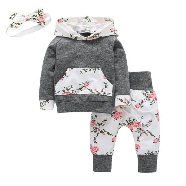 

3pcs toddler baby girl clothes long sleeve flowers kangaroo pocket hoodie and pants outfit with headband infant clothing set, White