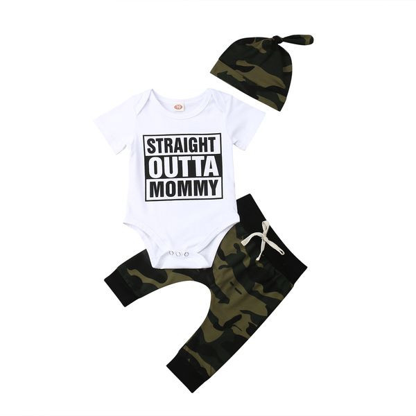

2019 summer 3pcs newborn baby boy camo straight outta romper pants hat outfits set camouflage casual clothes, White