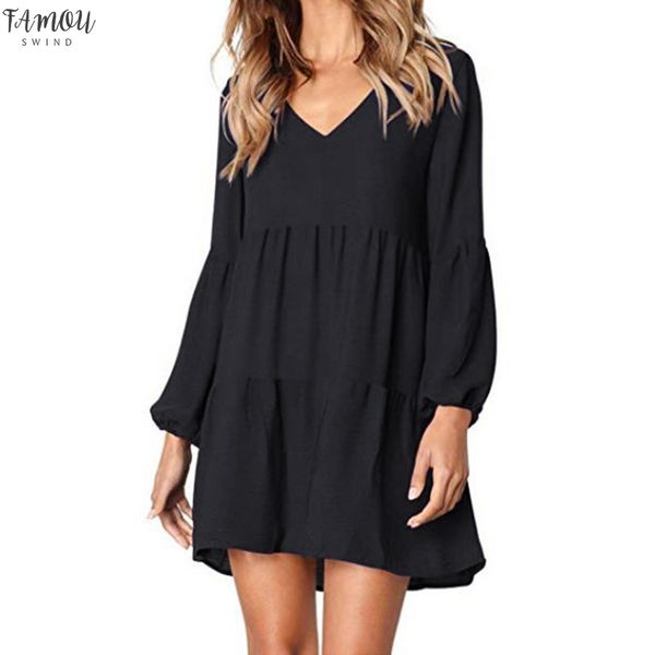 

women dress casual v-neck solid lantern sleeve straight dress solid draped dress camiseta mujer #e15, Black;gray
