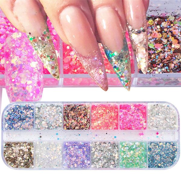 

12 grids/sets nail glitter sequins colorful 3d hexagon nail paillette powder sequin spangle polish manicure art decorations, Silver;gold
