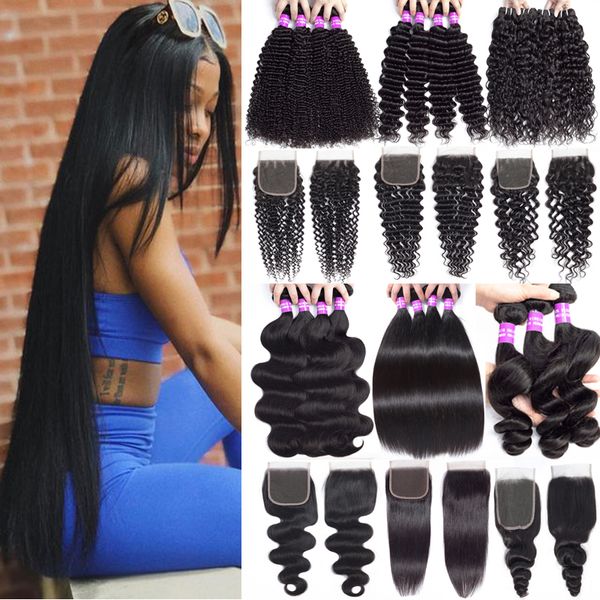 

peruvian virgin human hair bundles with closure deep wave straight curly hair extension human hair weave bundles with 4x4 lace closure, Black;brown