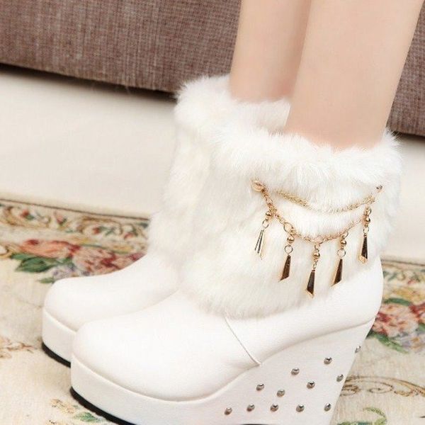

new 2019 winter faux fur fashion wedges heels women shoes woman boots platform warm snow luxury femme ladies boot white, Black