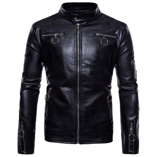

men's pu leather jacket large size fashion trend men's collar collar motorcycle leather jacket, Black