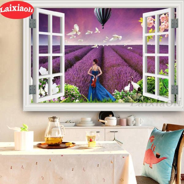 

new diamond painting cross stitch lavender field 5d diy diamond embroidery window outside violin girl full square round