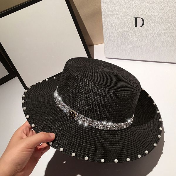 

flat straw hat summer spring women's trip caps leisure pearl beach cap m letter breathable fashion flower sun hats, Blue;gray