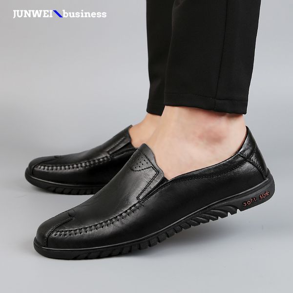 

dress outdoor business formal genuine leather breathable loafers slip on soft driving shoes men footwear a4, Black