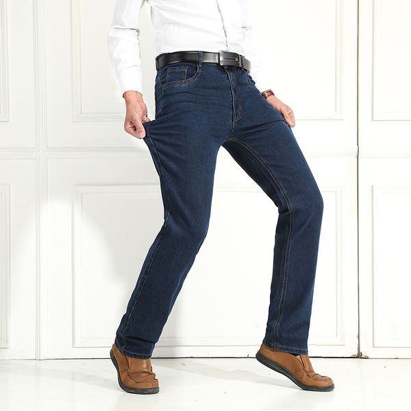 

spring new middle-aged high-waist elastic men's jeans large size loose straight tube jean men pants brand, Blue