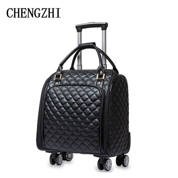 

chengzhi 16" inch women's pu leather handbags suitcase wheels carry on travel bags