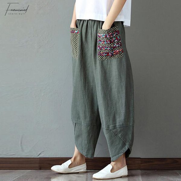 

womens pants plus size new women autumn cotton linen elastic waist long trousers casual button loose irregular harem pants pantalon, Black;white