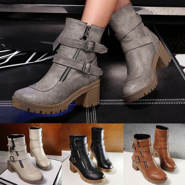 

#30 women's casual bare boots buckle short square heel boots ankle short booties size 35-43, Black