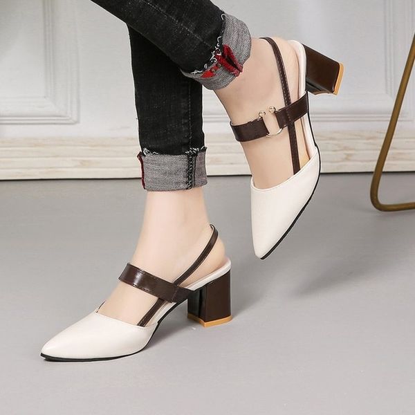 

2020 sandals hollow coarse sandals high-heeled shallow mouth pointed pumps female high heels large fashion woman shoes, Black