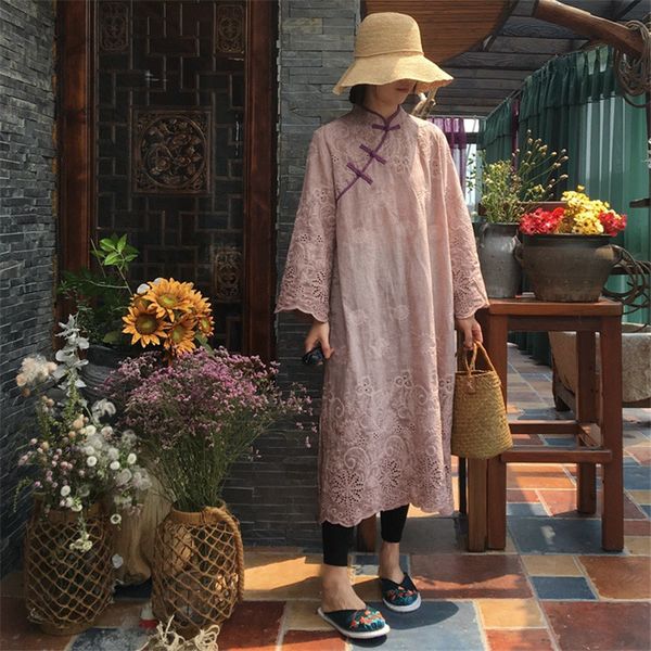 

casual dresses johnature 2021 women vintage full sleeve embroidery print summer chinese style stand collar plate buckle, Black;gray