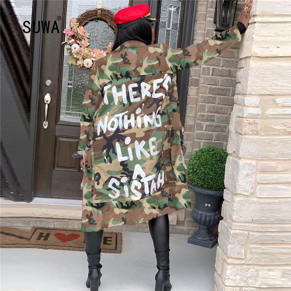 

street hipster personality letter camouflage printed cool women's coat long sleeve casual x-long jacket ladies, Black;brown