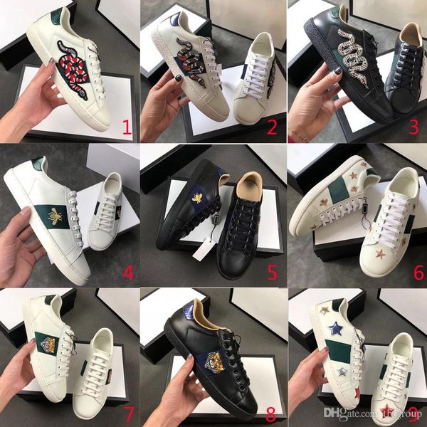

2019 genuine leather flats designer sneakers men women classic casual shoes python tiger bee flower embroidered cock love sneakers, Black