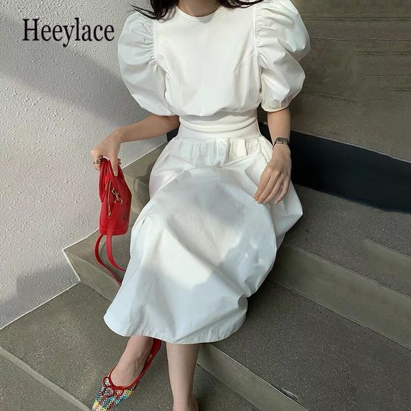 

2020 summer party dress black white бинты элегантный midi платье женщины long street casual puff рукавом плиссированные chic ткань, White;black