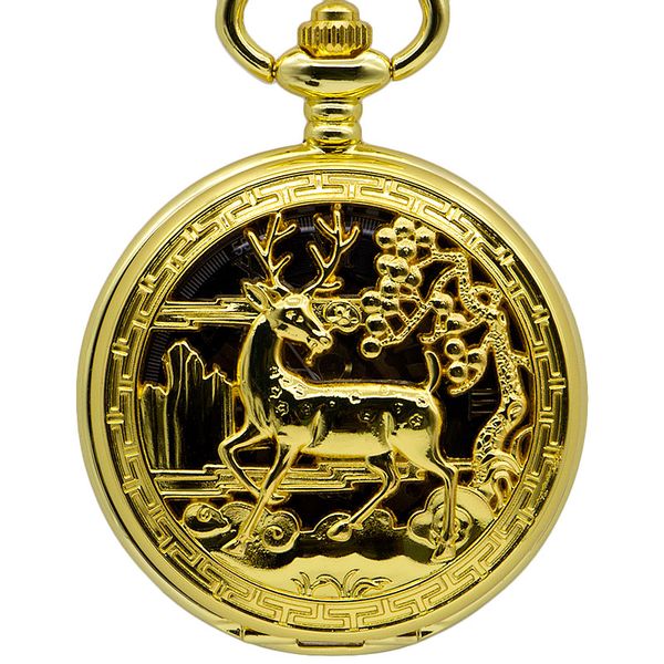 

5pcs luxury golden deer carving design mechanical pocket watch exquisite fob chain skeleton hand wind clock for men women, Slivery;golden