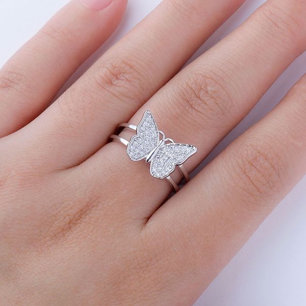 

new design fashion jewelry opening silver plated copper inlaid zircon butterfly ring luxury shiny cocktail party ring for women, Golden;silver