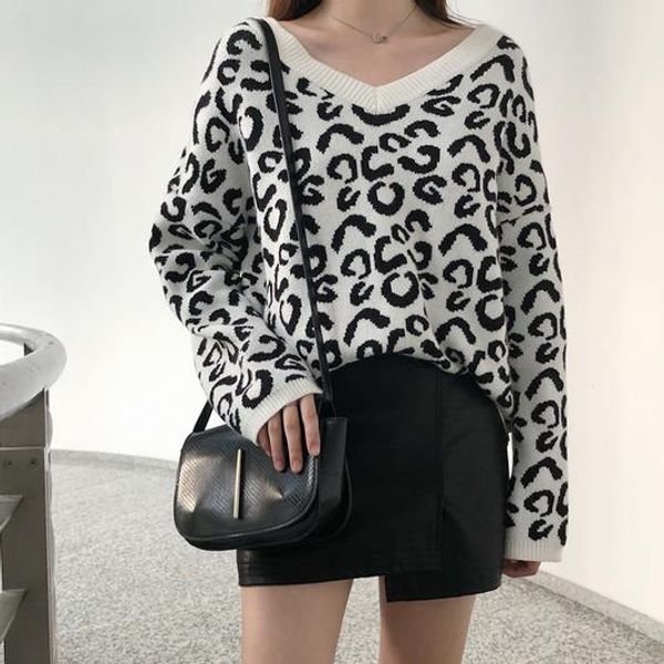 

fashion sweater women winter 4 colors pullover knitted leopard print sweater v-neck autumn female sweaters ae638, White;black