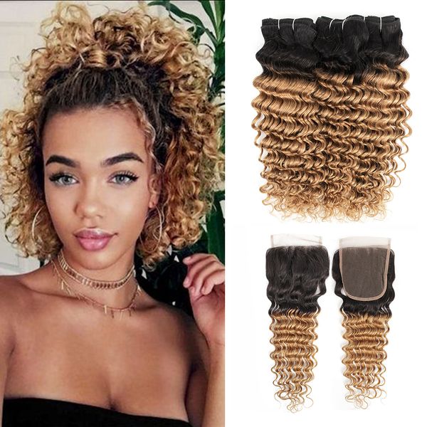 Grosshandel 1b 27 Ombre Honigblond Deep Wave Hair Bundles Mit Verschluss 3 Bundles Mit 4 X 4 Lace Closure Brasilianischen Remy Echthaarverlangerungen