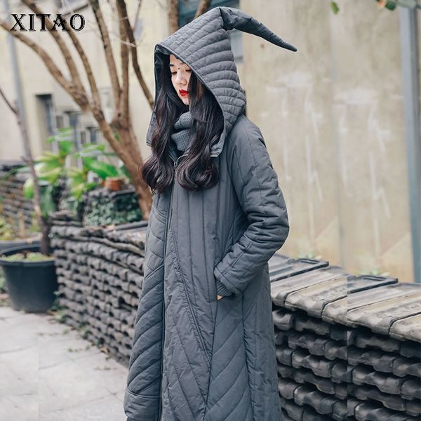 

xitao personality gothic style winter coat women fashion witch hat parka streetwear thicken long women clothes 2019 zll4557, Black