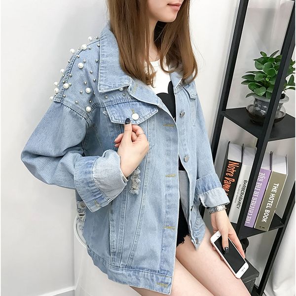 

2019 autumn pearl beading crop denim jackets women xxl casual jeans bomber jacket long sleeve denim coat korean plus size, Black;brown