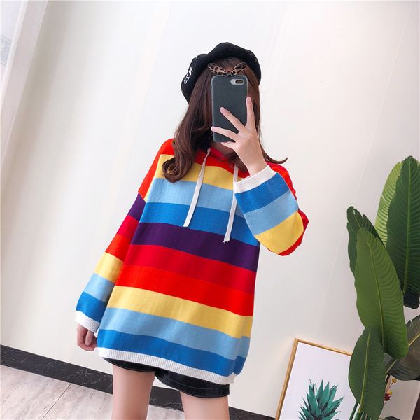 

rainbow stripe hooded knitted sweater pullover all match autumn knitwear sueter mujer long sleeve fashion women new 2019 warm, White;black