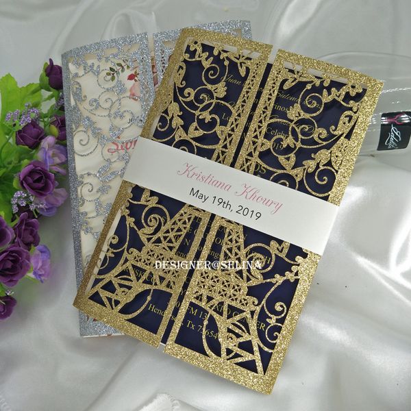 

2019 luxury gold glitter tower pari la er cut gatefold wedding invitation with cream belt floral invitation for quinceanera graduation