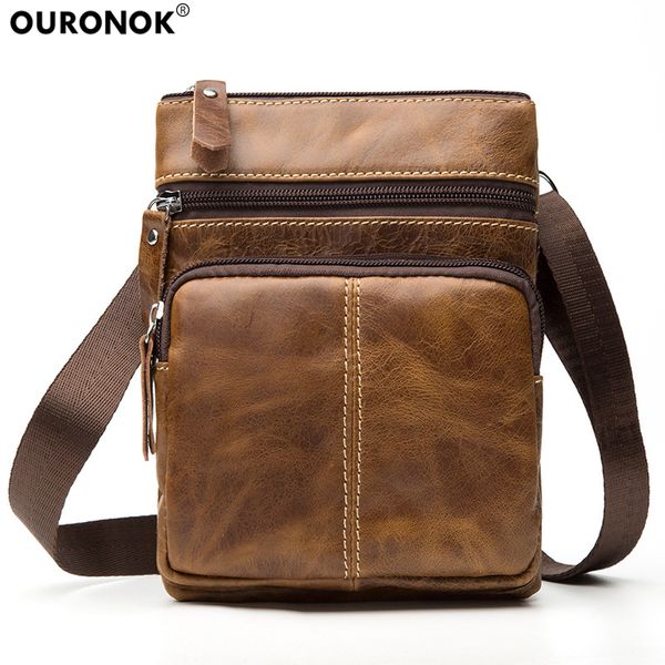 

ouronok genuine cow leather men bag vertical women shoulder messenger bag zipper pouch for gift men women crossbody