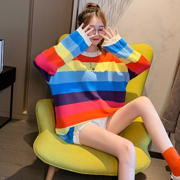

oversize rainbow womens sweater casual plus size knitted autumn winter korean pullover striped female knitwear, White;black