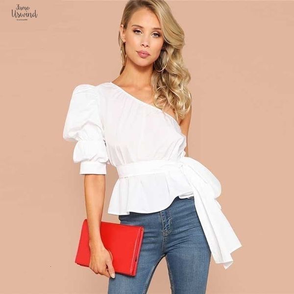 

white one shoulder puff sleeve peplum belted blouse women summer 2019 solid ruffle elegant long sleeve party blouses