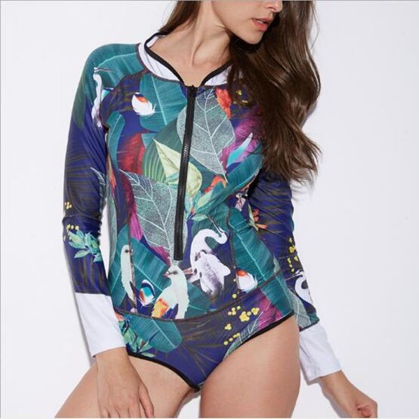 

piece swimsuit swimwear women leaf birds plus size swimwear female push up long sleeve swim suit swimming body suit, White;black