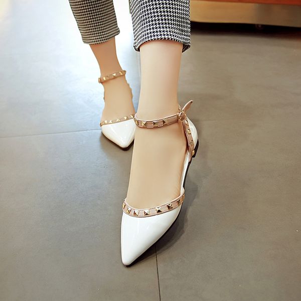 

women's shoes pointed single shoes summer shallow mouth pepper with the same studded patent leather red orange sandals, Black