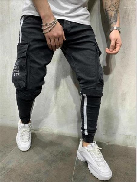 

jeans black big pockets fashion pencil pantalones trousers spring autumn mens, Blue