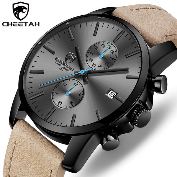 

2019 men watch cheetah brand fashion sports quartz watches mens leather waterproof chronograph clock business relogio masculino, Slivery;brown