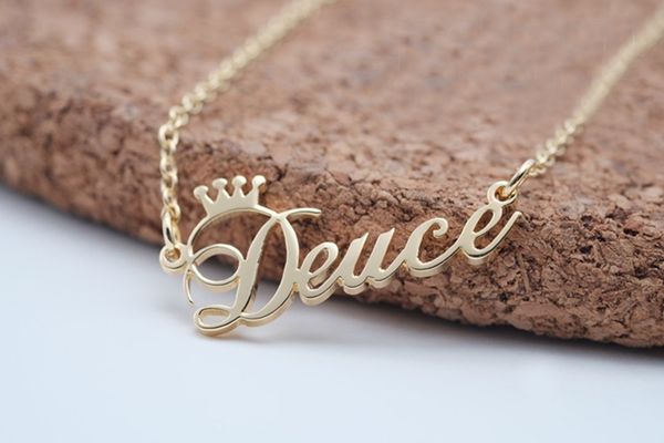 

personalized name crown necklace handmade customized cursive font nameplate pendant stainless steel chain jewelry birthday gifts, Silver