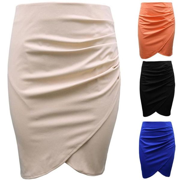 

women solid color pleated cross hem slims fit bodycon business work pencil skirt, Black
