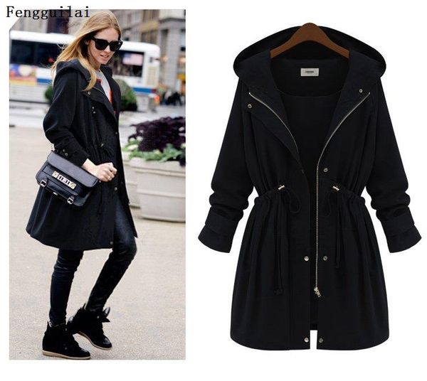 

plus size 2019 autumn winter women fashion hooded puff sleeve women trench coat for womens plus size fashions jacket, Black
