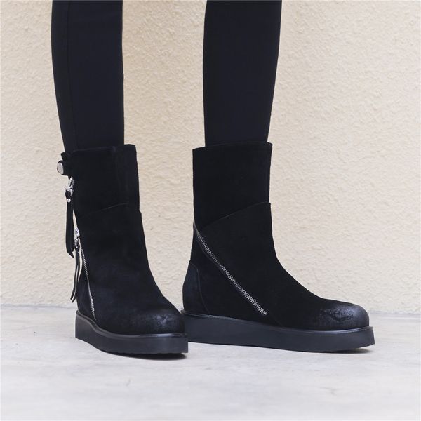 

women mid calf boots cow suede zipper fashion ladies winter shoes flat with heel platform big size 34-43 round toe, Black