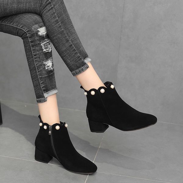 

muqgew women boots high heel pearl flock shoe boots solid color ankle girl round toe zipper casual shoes botas mujer, Black