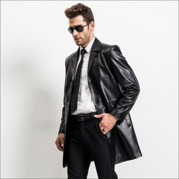 

мужская из натуральной кожи куртка весна осень бизнес формальные длинные пальто люкс однобортный черный овчины шинели plus size, Black