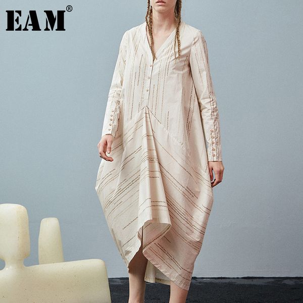 

eam] 2019 new spring summer v-neck long sleeve beige striped printed loose irregular hem dress women fashion tide ju291, Black;gray