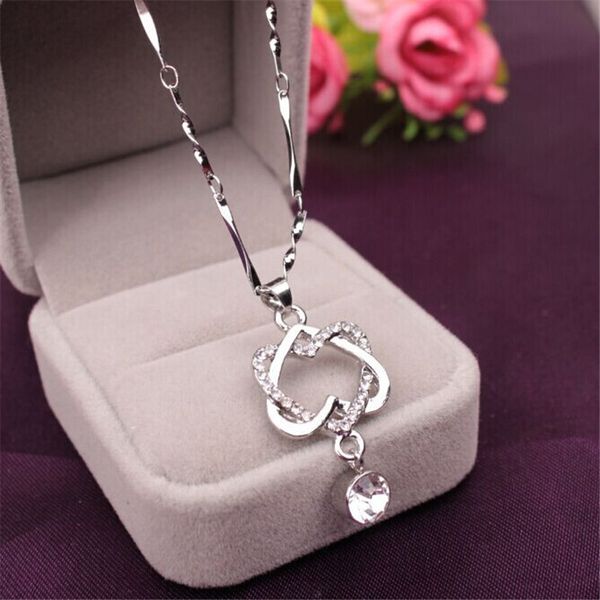 

women elegant necklace gold silver chain crystal rhinestone double heart pendant necklaces ladies fashion jewelry gift drop ship