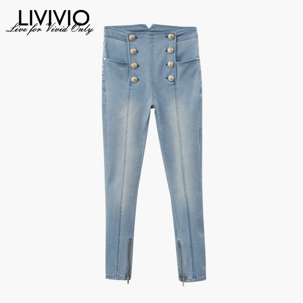 

livivio] голуб джинсовые высокой талией тощий женские джинсы 2019 женщины jeggings брюки женщина корейский стиль мода одежда новая, Blue
