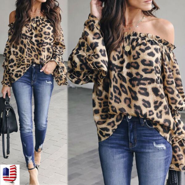 

2019fashion women off shoulder shirt leopard printed long sleeve blouse, White